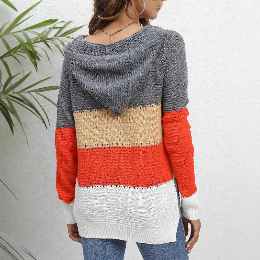 Damen Pullover mit lässigem Kapuzen-Design und einzigartigem Streifenmuster EB