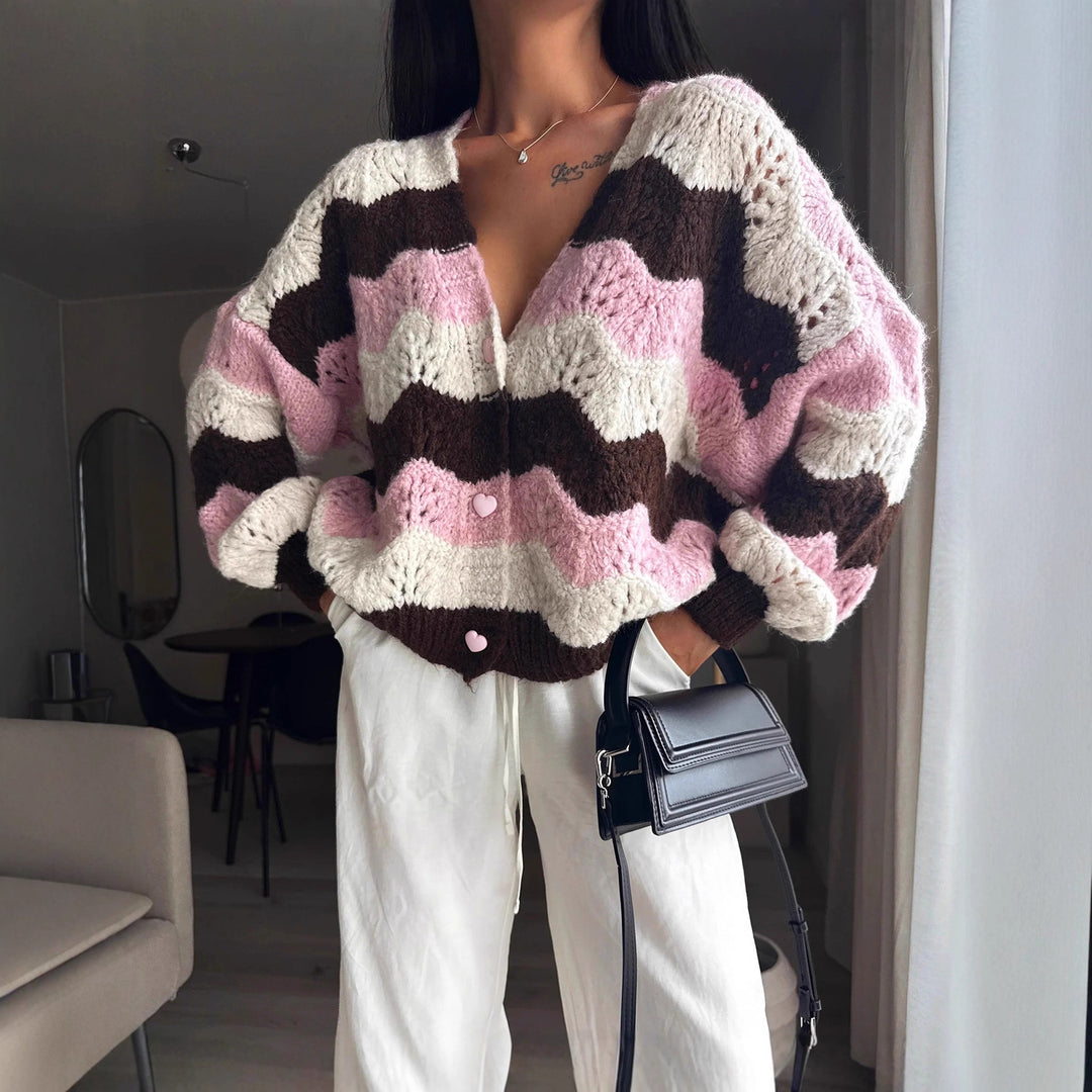 Damen gemütlicher Strickcardigan mit Wellenmuster EB