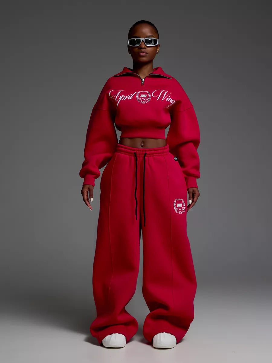 Damen Cropped Halbzip-Sweatshirt mit weitem High‑Waist Loungehose Set EB