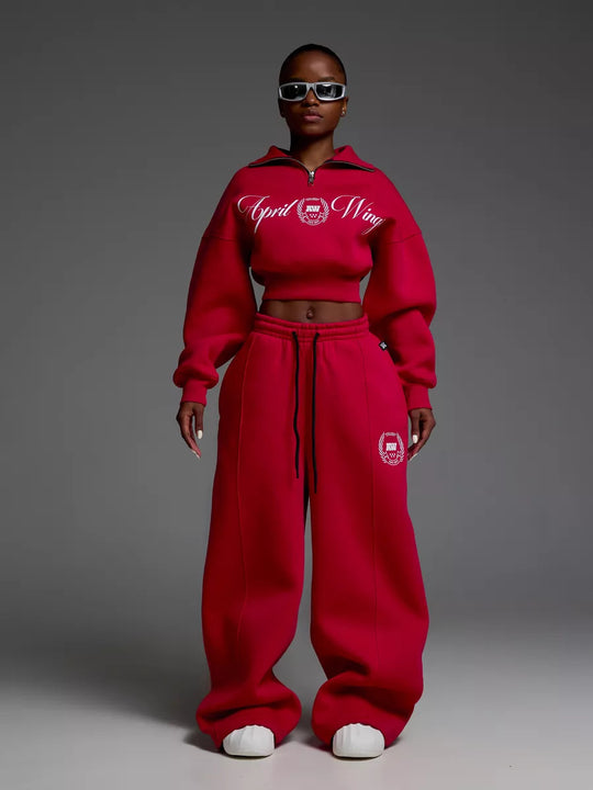 Damen Cropped Halbzip-Sweatshirt mit weitem High‑Waist Loungehose Set EB