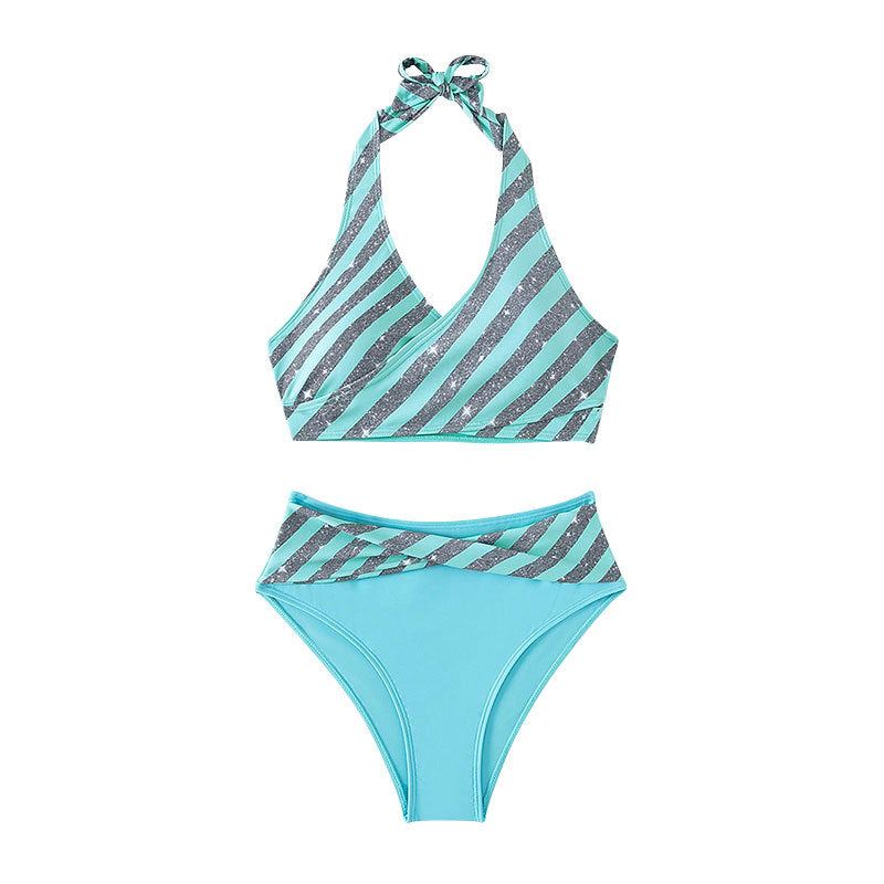 Damen Hoch geschnittener Bikini mit glitzerndem Streifen-Design EB