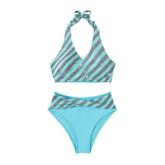 Damen Hoch geschnittener Bikini mit glitzerndem Streifen-Design EB