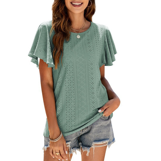 Damen T-Shirt mit eleganten Volantärmeln und durchbrochenem Design EB