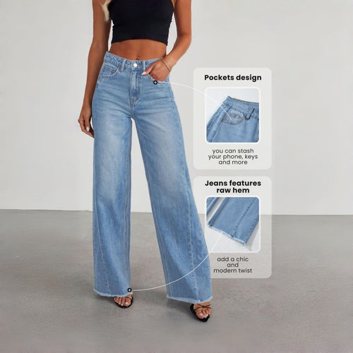 Damen Weite Denim-Hose mit rohem Saum und praktischen Taschen EB