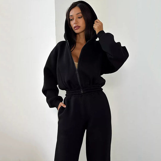 Damen Cropped‑Zip‑Hoodie mit Ballonärmeln und hochgeschnittener Jogginghose mit gerafftem Taillenbund EB