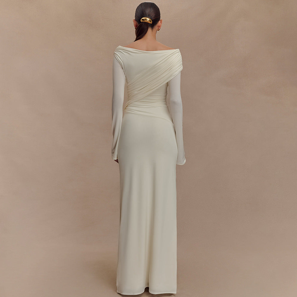 Damen elegantes Maxikleid mit off-shoulder Design und Wickeldetails EB