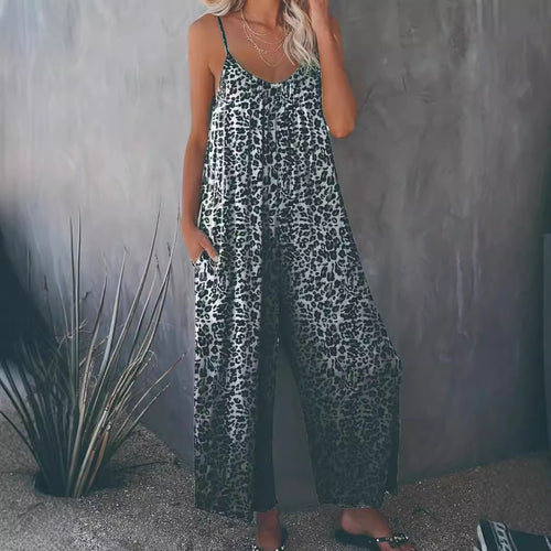 Damen Lockere Jumpsuit mit Animal-Print und praktischen Taschen EB