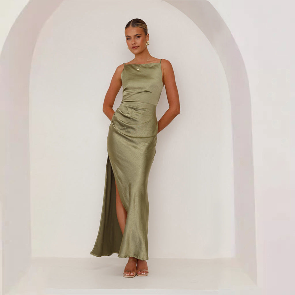 Damen schickes Maxikleid mit elegantem Schlitz und luxuriösem Satin-Finish EB