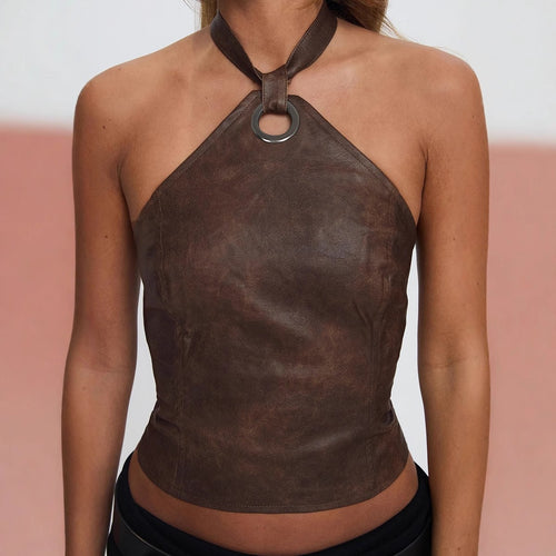 Damen Oberteil aus hochwertigem Kunstleder mit raffiniertem Halter-Design EB