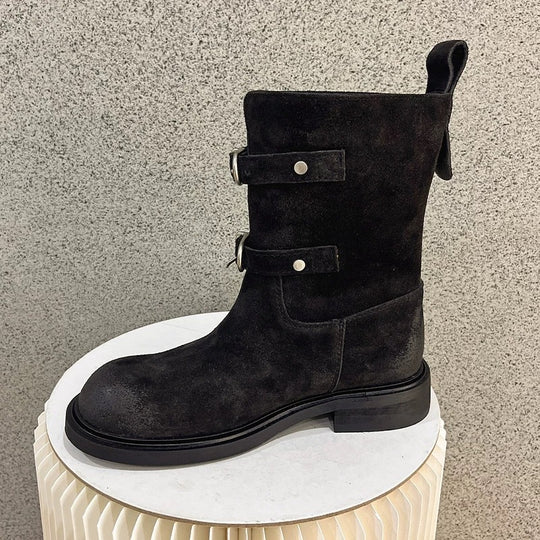 Damen Ankle Boots aus hochwertigem Wildleder mit dekorativem Riemenverschluss EB