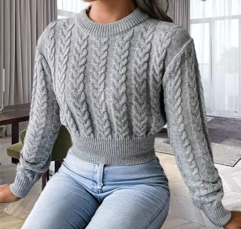 Damen Grobstrickpullover im Crop-Design mit Zopfstrickmuster EB