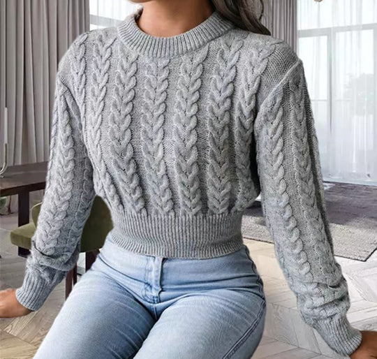 Damen Grobstrickpullover im Crop-Design mit Zopfstrickmuster EB