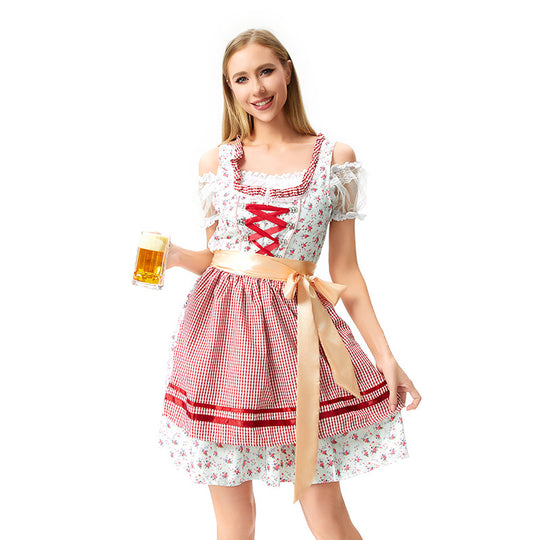 Damen nan traditionelles Oktoberfest Dirndl mit geschnürter Miederpartie, Rüschen und Satin-Schürze EB