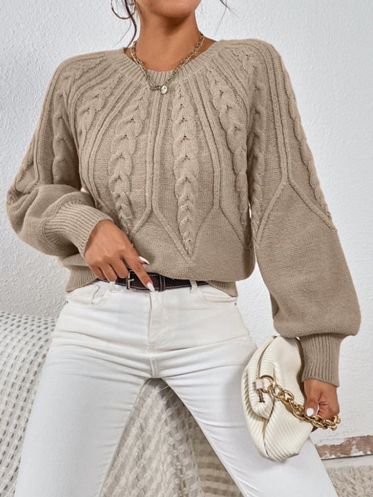 Damen nan kurzer Zopfmuster-Strickpullover mit Ballonärmeln und geripptem Saum EB