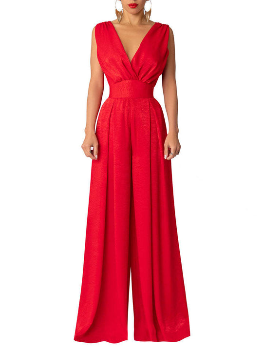 Damen Jumpsuit mit tiefem V-Ausschnitt und weit geschnittenem Bein EB