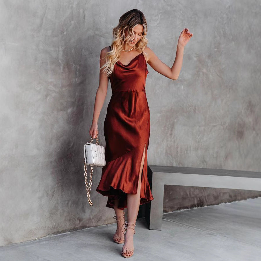 Damen Satin-Midikleid mit elegantem Wasserfall-Ausschnitt und schwingendem Saum EB