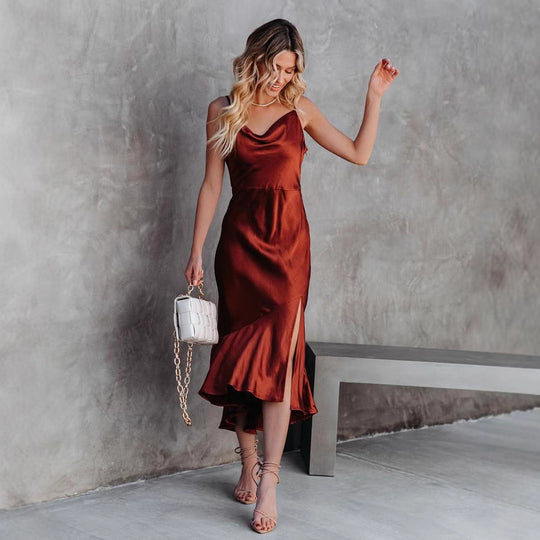 Damen Satin-Midikleid mit elegantem Wasserfall-Ausschnitt und schwingendem Saum EB
