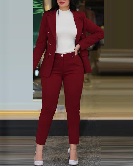 Damen Figurbetonter Zweireiher-Blazer mit schlanker High‑Waist Zigarettenhose EB