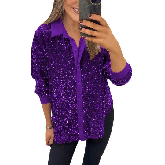 Damen Glitzernde Bluse aus Pailletten mit klassischem Kragen EB