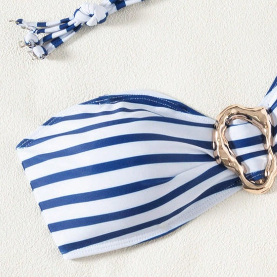 Damen Bandeau-Bikini mit modischen Streifen und elegantem Ringdetail EB