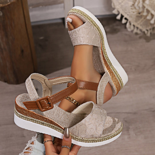 Damen Wedge-Sandalen mit verstellbarem Riemen und trendigem Bast-Detail EB