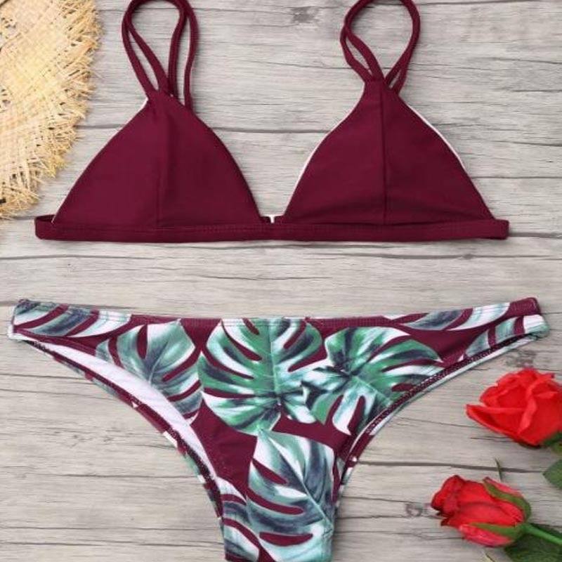 Damen Triangel-Bikini mit trendy Blattmuster EB