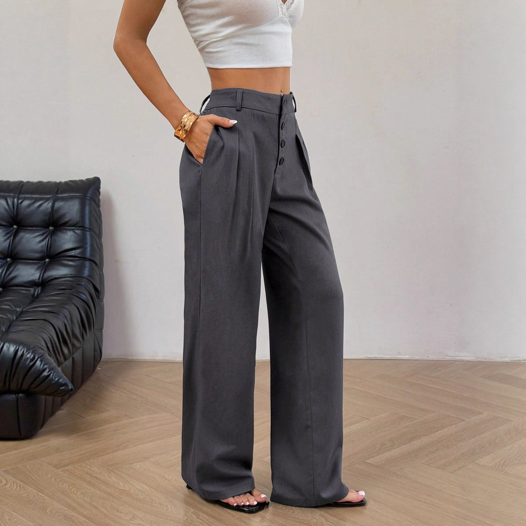 Damen Hochtaillierte Bundfalten-Hose mit Knopfleiste und weitem Bein EB