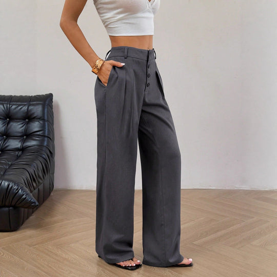 Damen Hochtaillierte Bundfalten-Hose mit Knopfleiste und weitem Bein EB