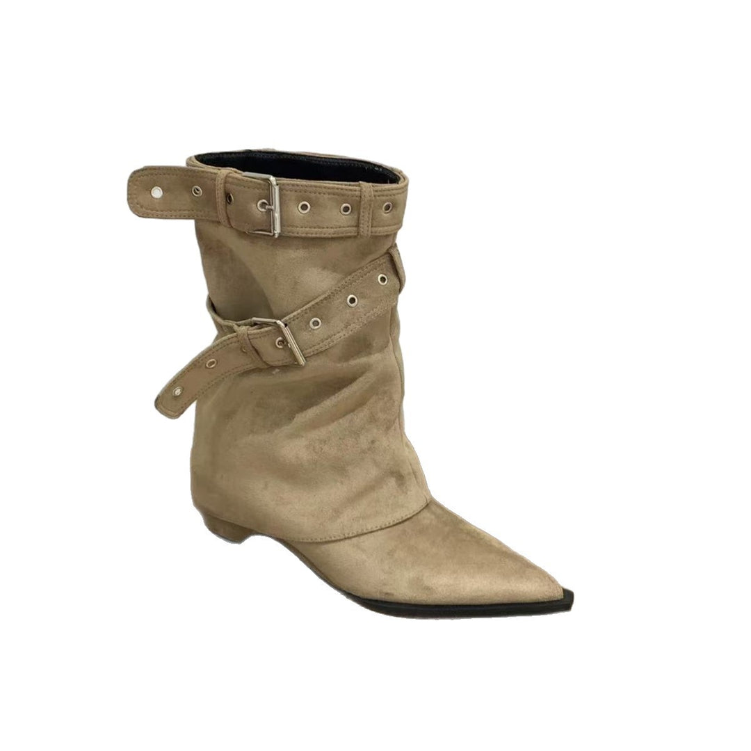 Damen Stiefel mit modischer Schnallenverzierung und schickem Cut-Out EB