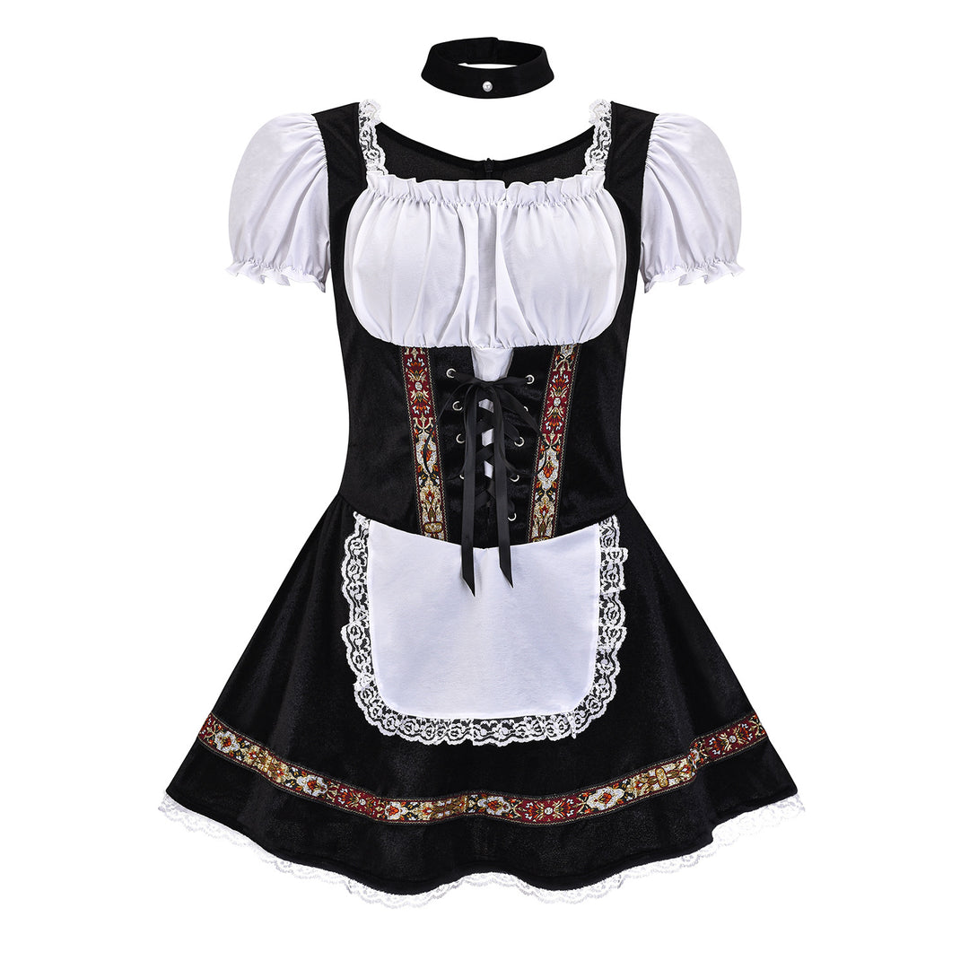 Damen nan kurzes Trachtenkleid im Dirndlstil mit Schnürung, schulterfreiem Carmen-Ausschnitt und Zierschürze EB