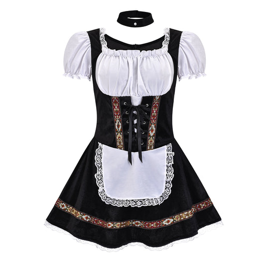 Damen nan kurzes Trachtenkleid im Dirndlstil mit Schnürung, schulterfreiem Carmen-Ausschnitt und Zierschürze EB