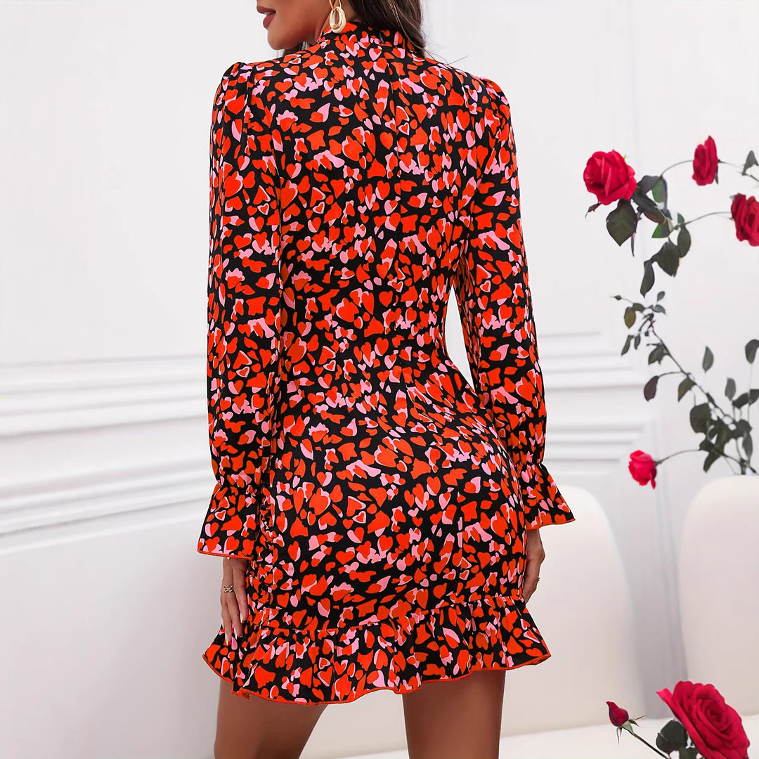 Damen elegantes Mini-Kleid mit Rüschendetails und hohem Kragen EB