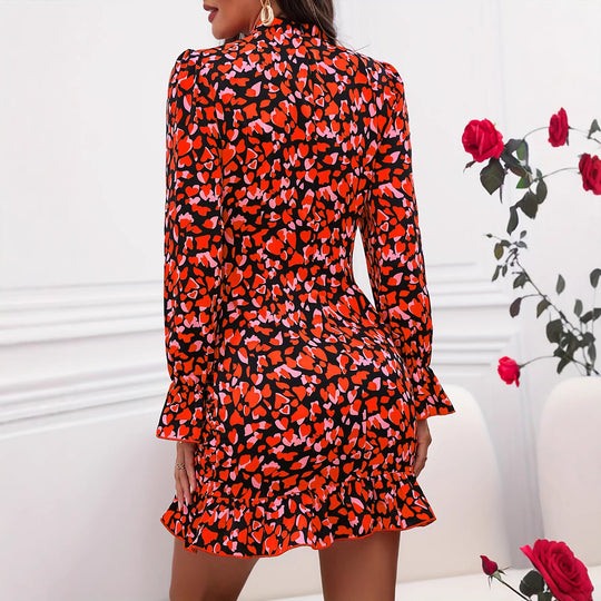 Damen elegantes Mini-Kleid mit Rüschendetails und hohem Kragen EB