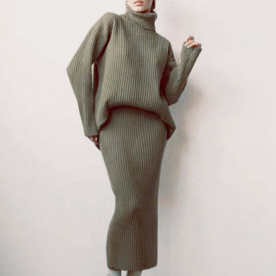Damen Strickset mit hohem Kragen und weichem Rippdesign EB