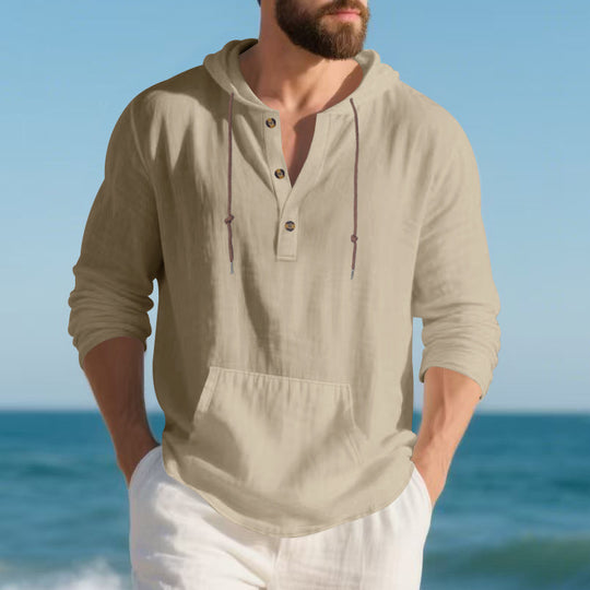 Herren nan leichtes Leinen-Henley-Kapuzenoberteil mit Kängurutasche und lässigem Relax-Fit EB