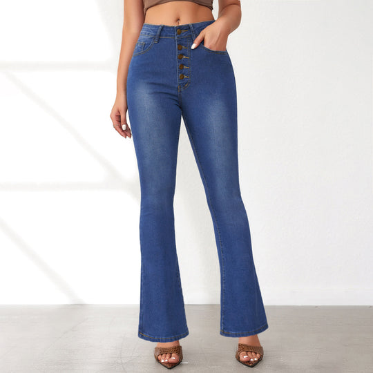 Damen Flared Jeans mit hohem Bund und Knopfdetail EB
