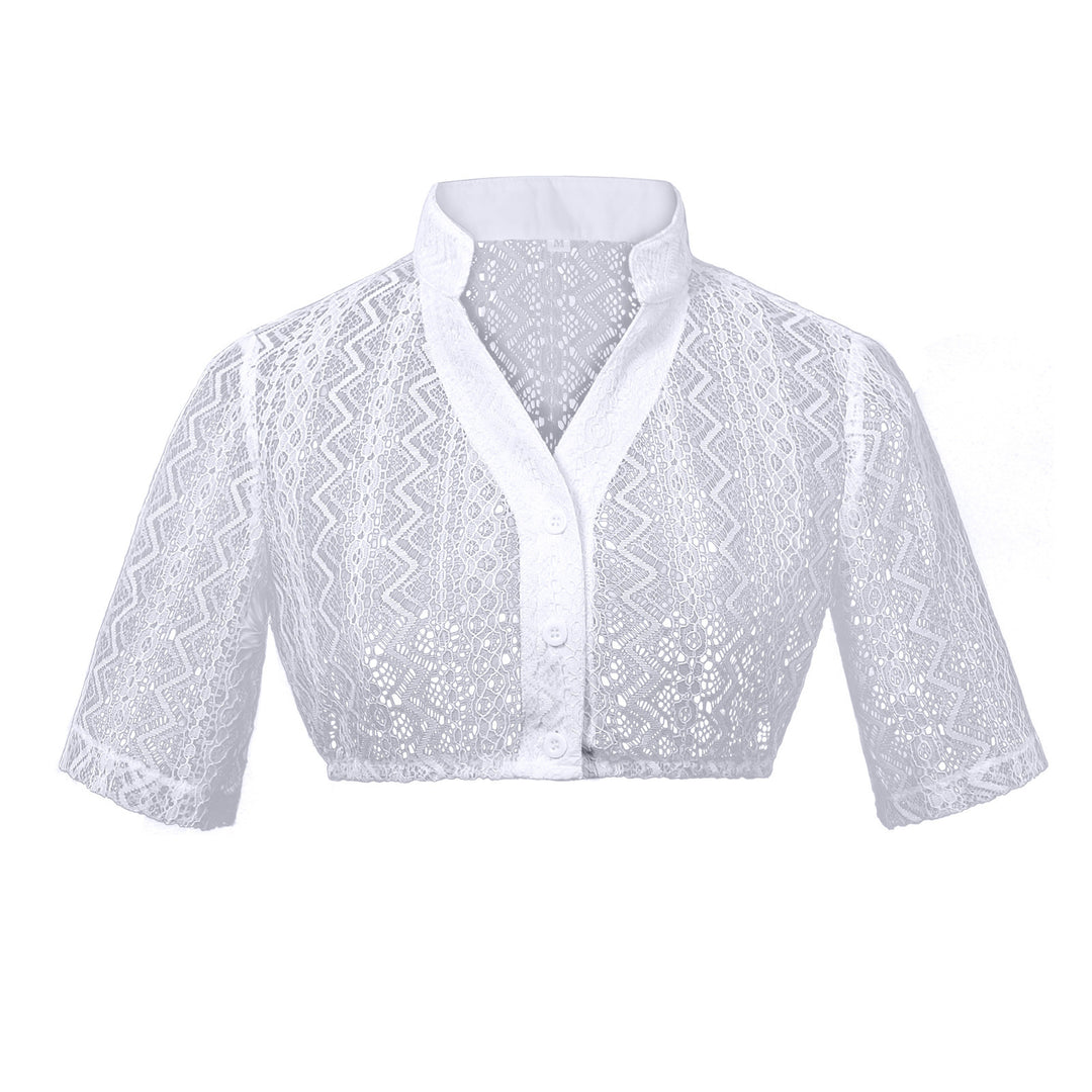 Damen nan Spitzenbolero Bluse mit Stehkragen, 3/4 Ärmeln und Bindeband EB