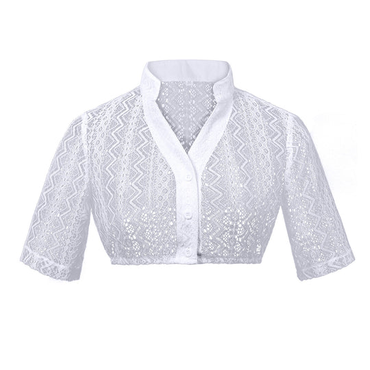 Damen nan Spitzenbolero Bluse mit Stehkragen, 3/4 Ärmeln und Bindeband EB