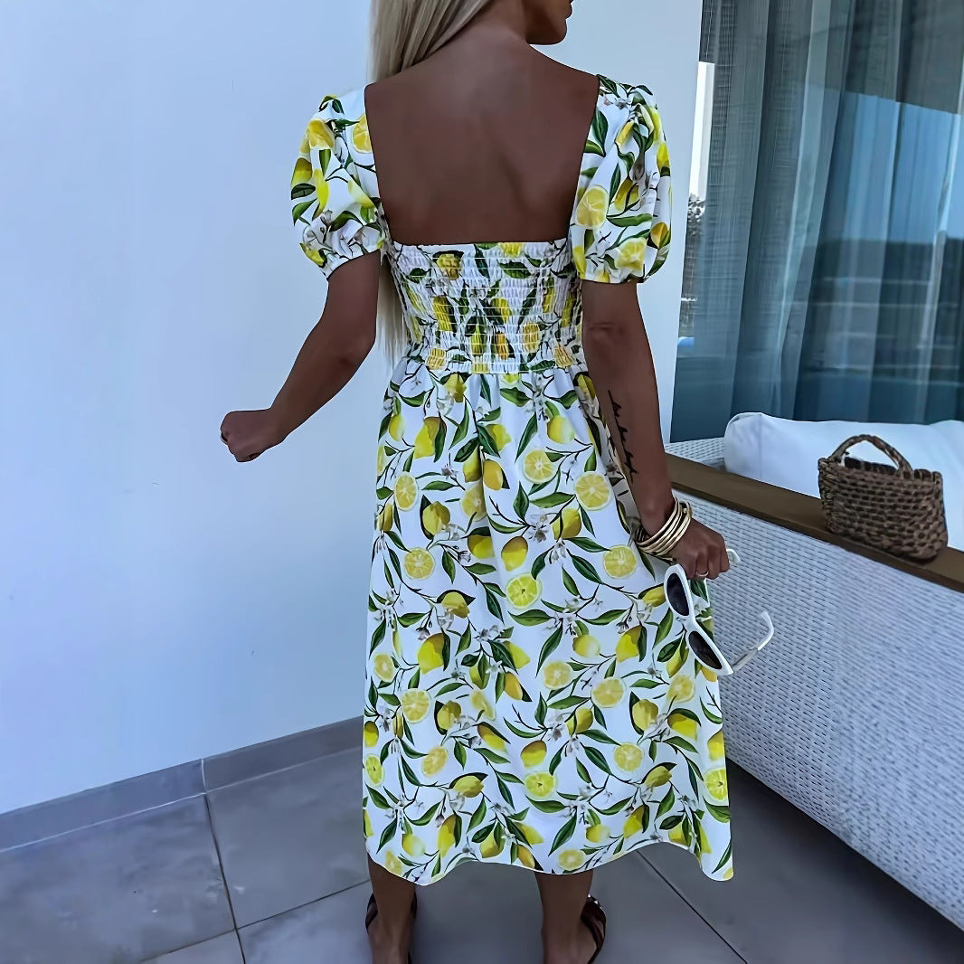 Damen Maxikleid mit fruchtigem Print und seitlichem Schlitz EB