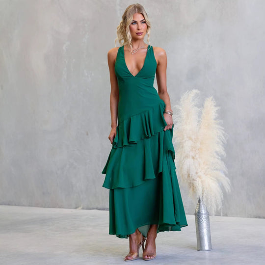 Damen Maxikleid mit verführerischen Rüschenschichten und tiefem V-Ausschnitt EB