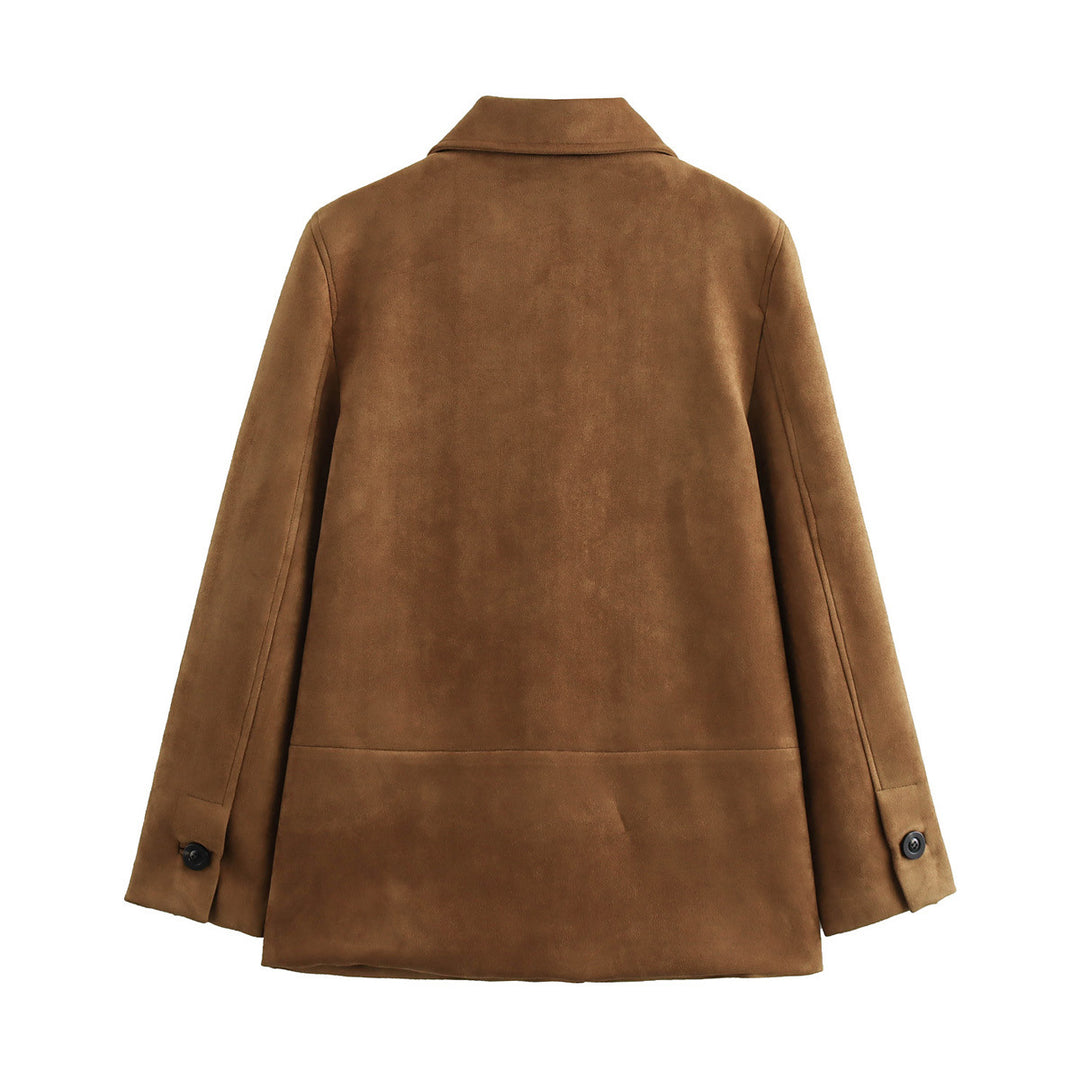 Damen elegante Wildlederjacke mit großzügigen Taschen und Knopfdetails EB