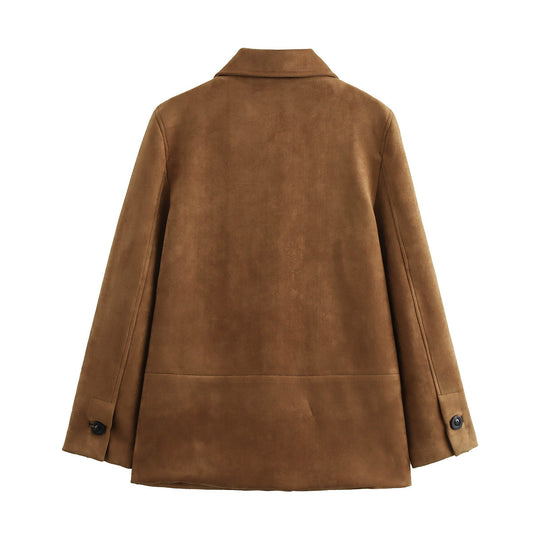Damen elegante Wildlederjacke mit großzügigen Taschen und Knopfdetails EB