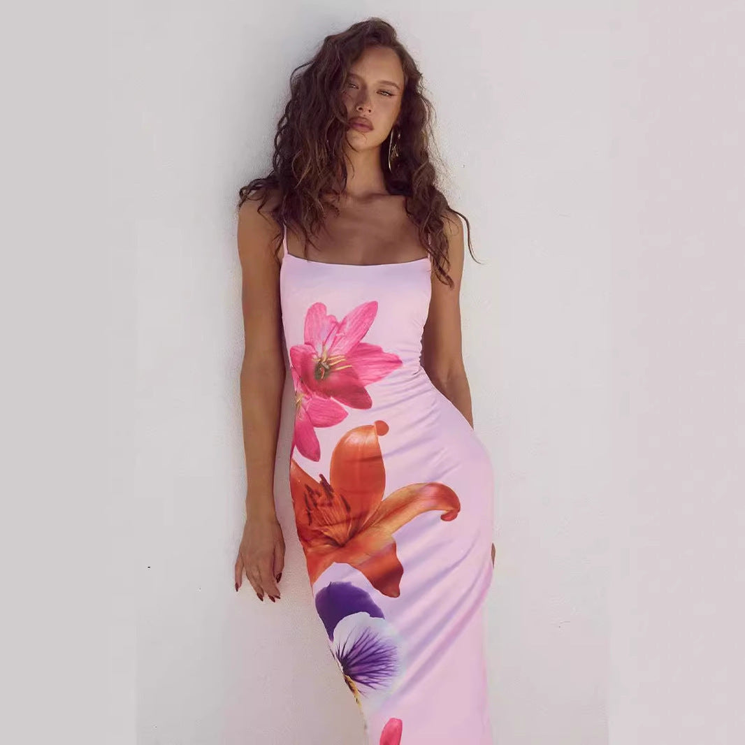 Damen Maxikleid mit raffiniertem Blumenmuster und schmalen Trägern EB