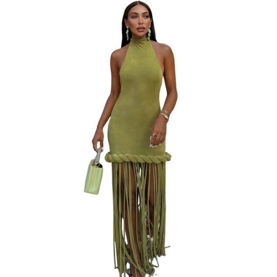 Damen Freizeitkleid mit Bambus-Borten und schimmerndem Stoff EB