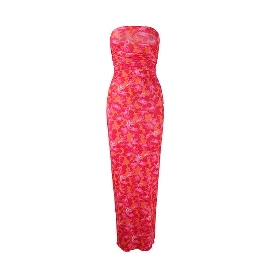 Damen elegantes, trägerloses Maxikleid mit raffiniertem Mustermix EB