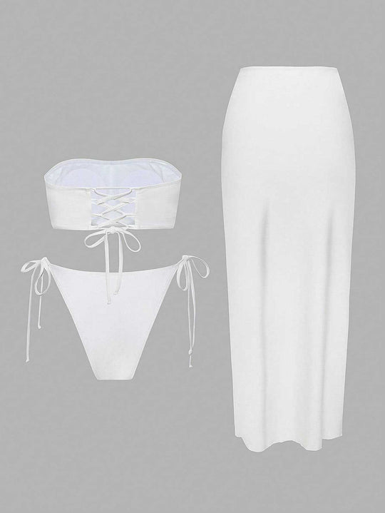 Damen Bikini-Set mit elegantem Bandeau-Oberteil und verspieltem Maxirock EB