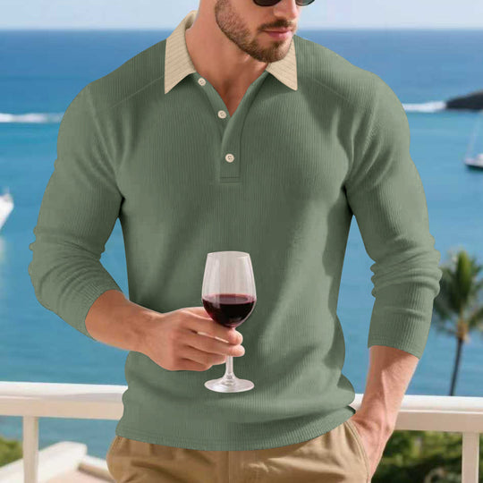 Herren Langarm Poloshirt mit strukturiertem Design und kontrastierendem Stehkragen EB