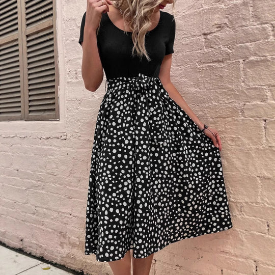 Damen Polka-Dots Kleid mit weitem Rock und Taillengürtel EB
