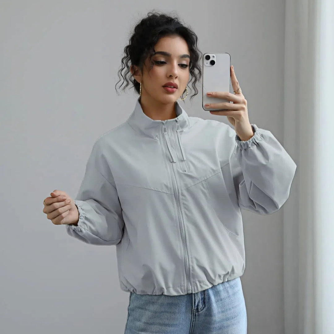 Damen modische Übergangsjacke mit hohem Kragen und elastischem Bund EB