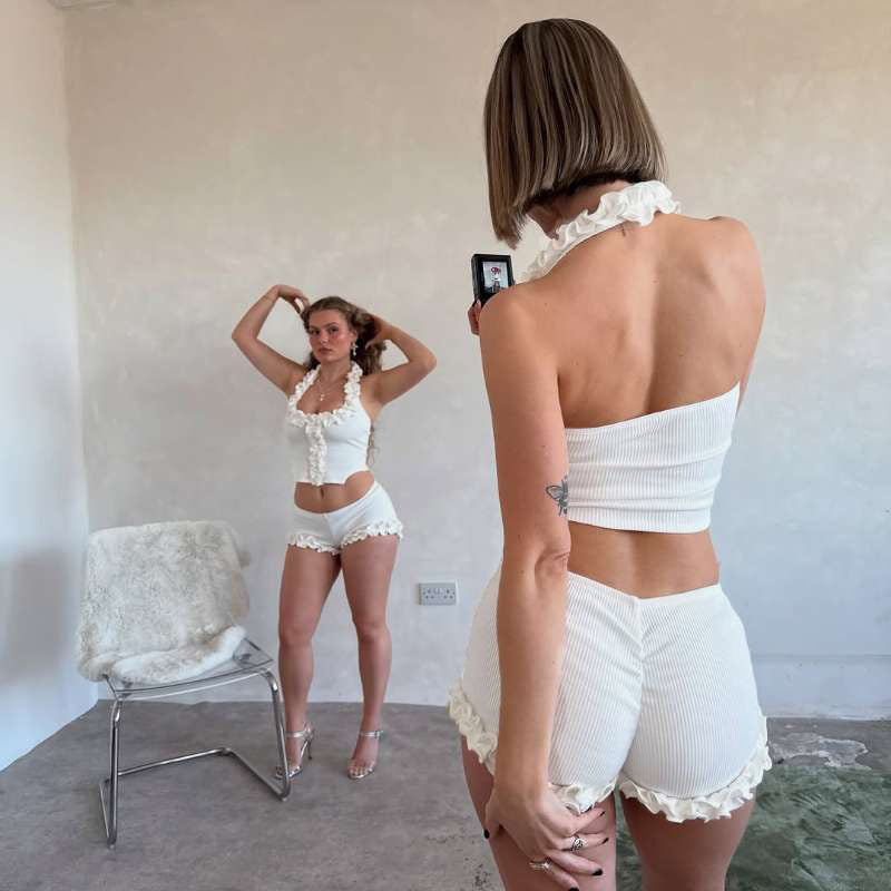 Damen Sportliches Badeanzug-Set mit raffinierten Rüschen und halben Ärmeln EB